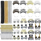 Poen 192 Pcs New Years Eve Party Supplies Include 48 New Year Headband 48 Happy NewYear Glasses 48 Noise Makers 48 Bead Necklace for Adults 2026 NewYear Day Xmas Party Supplies Favors Decor