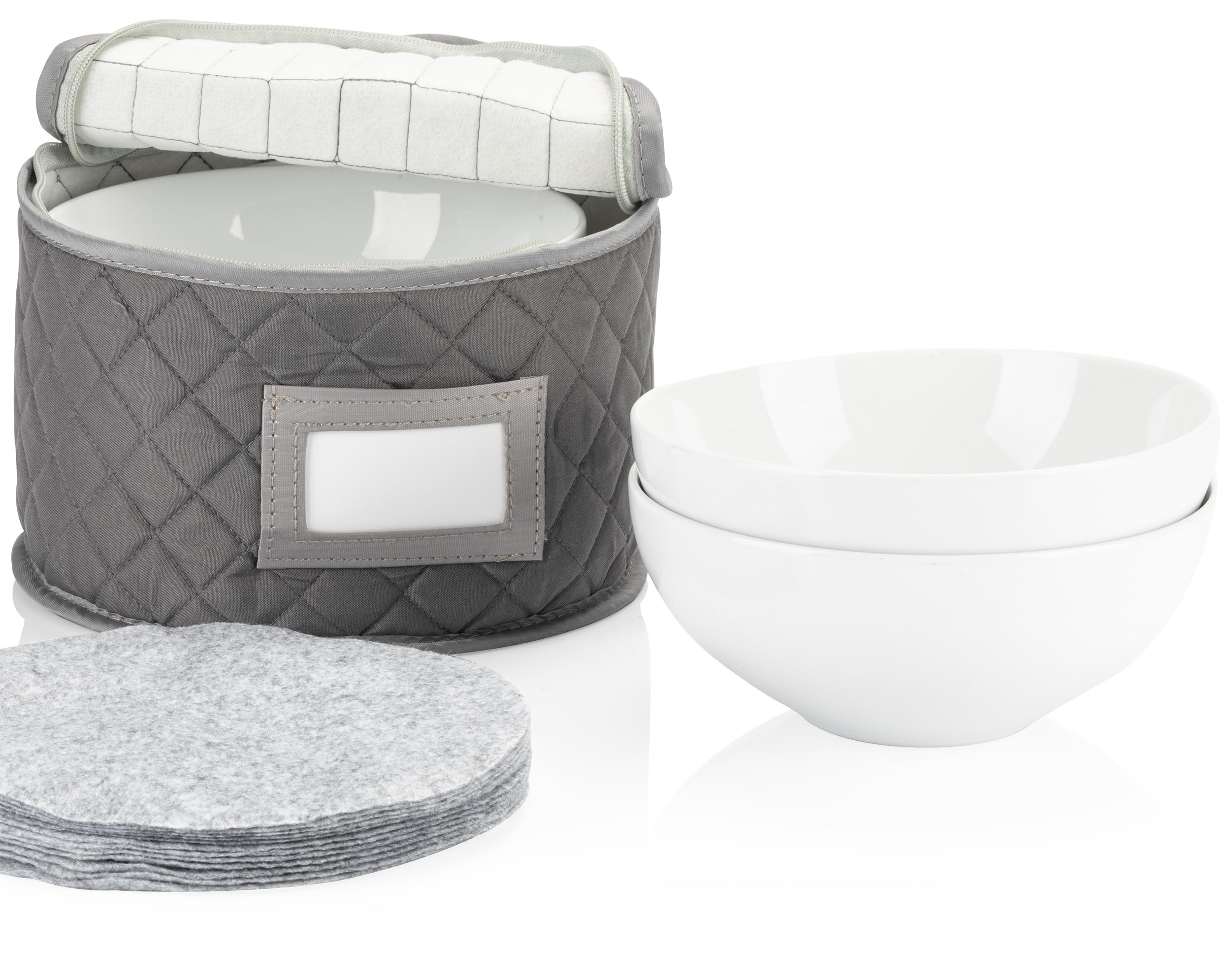 Stack Store Plus More China Storage Quilted Case for Dessert Plate, Bowls, Small Plate or Saucer - 8" W x 6" H - Gray - Includes 12 Felt Separators