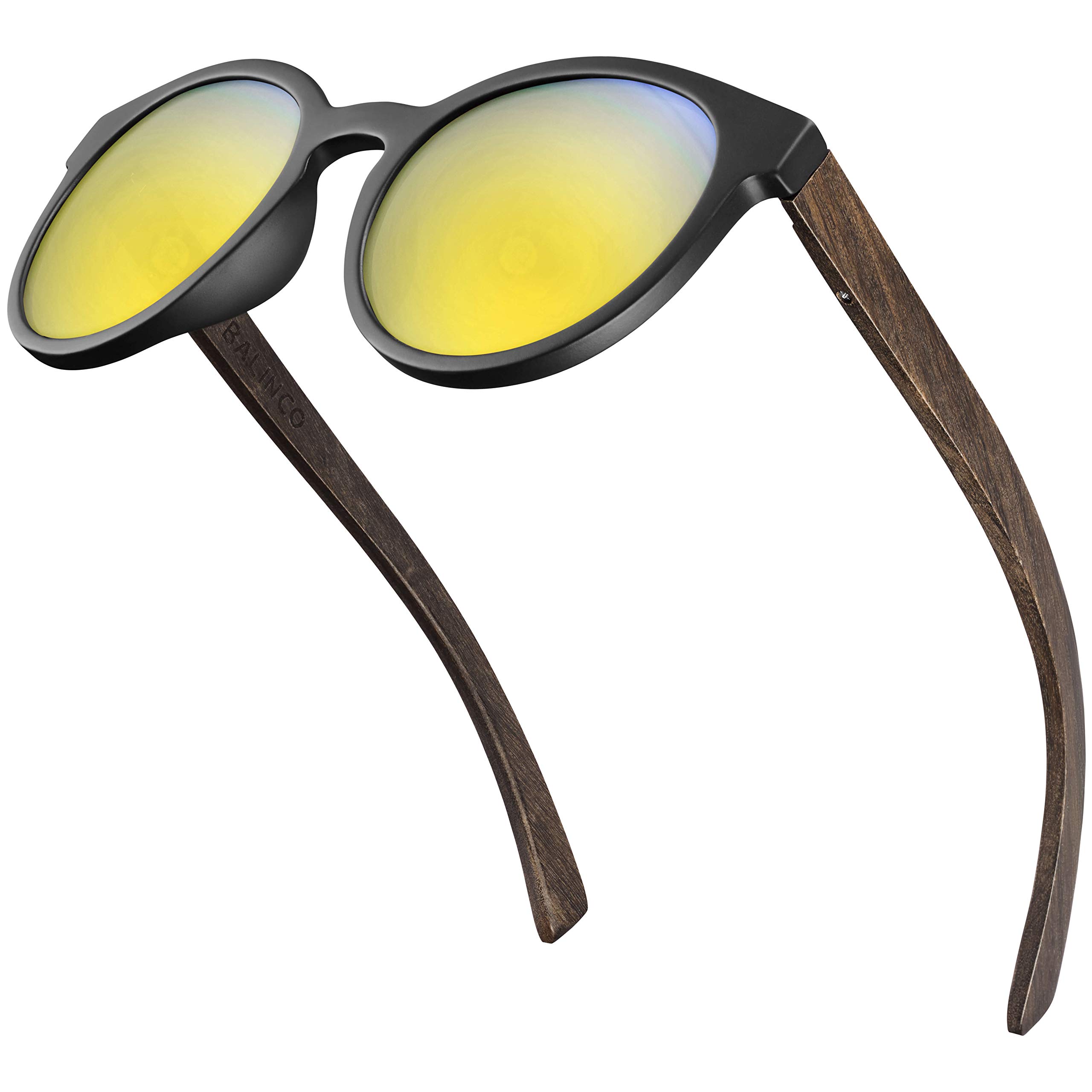 Balinco® Bamboo Sunglasses with round polarised lenses - in practical accessory set incl. gift box - with UV400 protection & TAC lenses - suitable for men & women (Yellow mirrored)