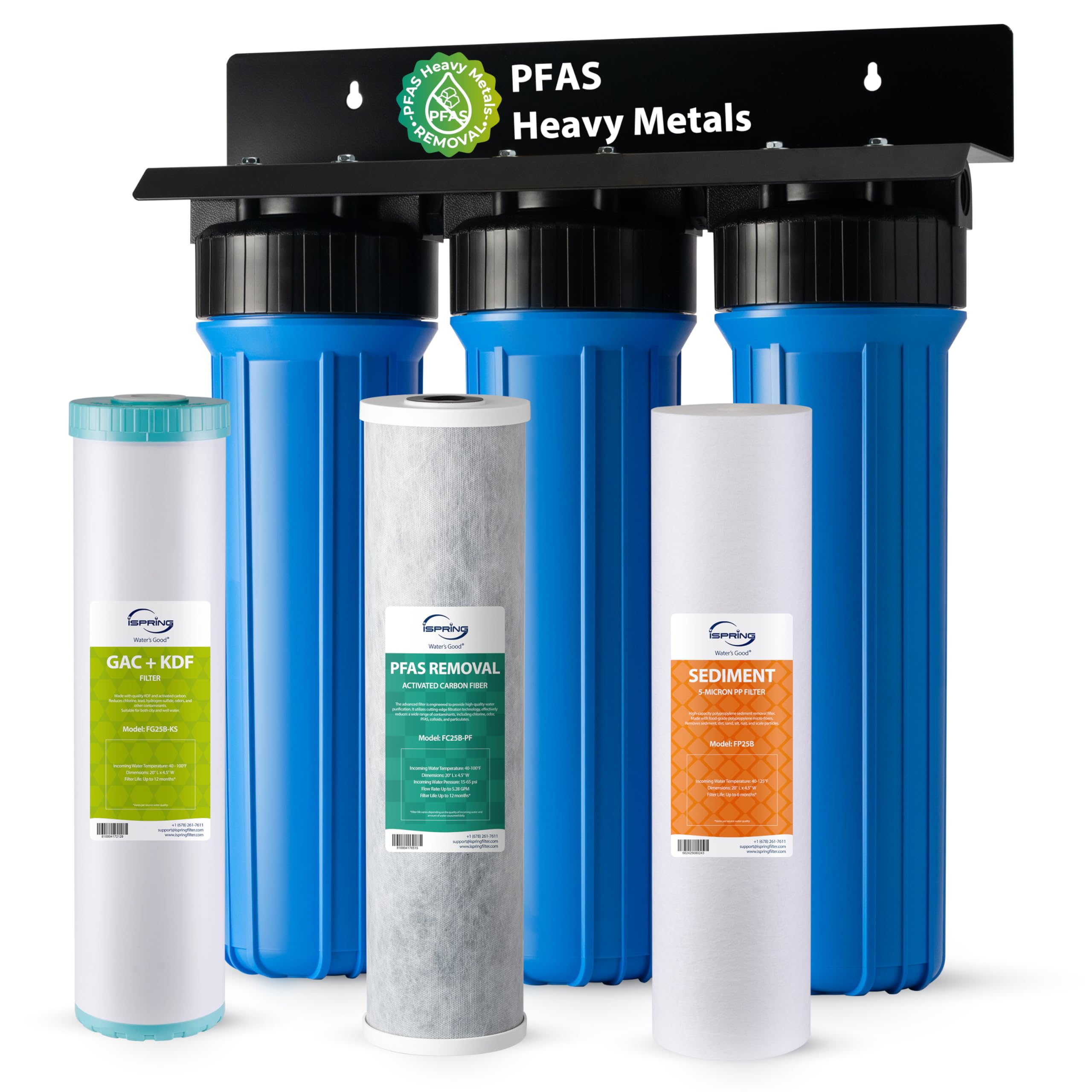 iSpring PFAS & Heavy Metals Whole House Water Filter System, SGS-Tested to Reduce Up to 99% PFOA & PFOS 3-Stage Filtration Removes Sediment, Lead, 20” x 4.5” Filters 1” Inlet/Outlet Model: WGB32B-PFKS Image