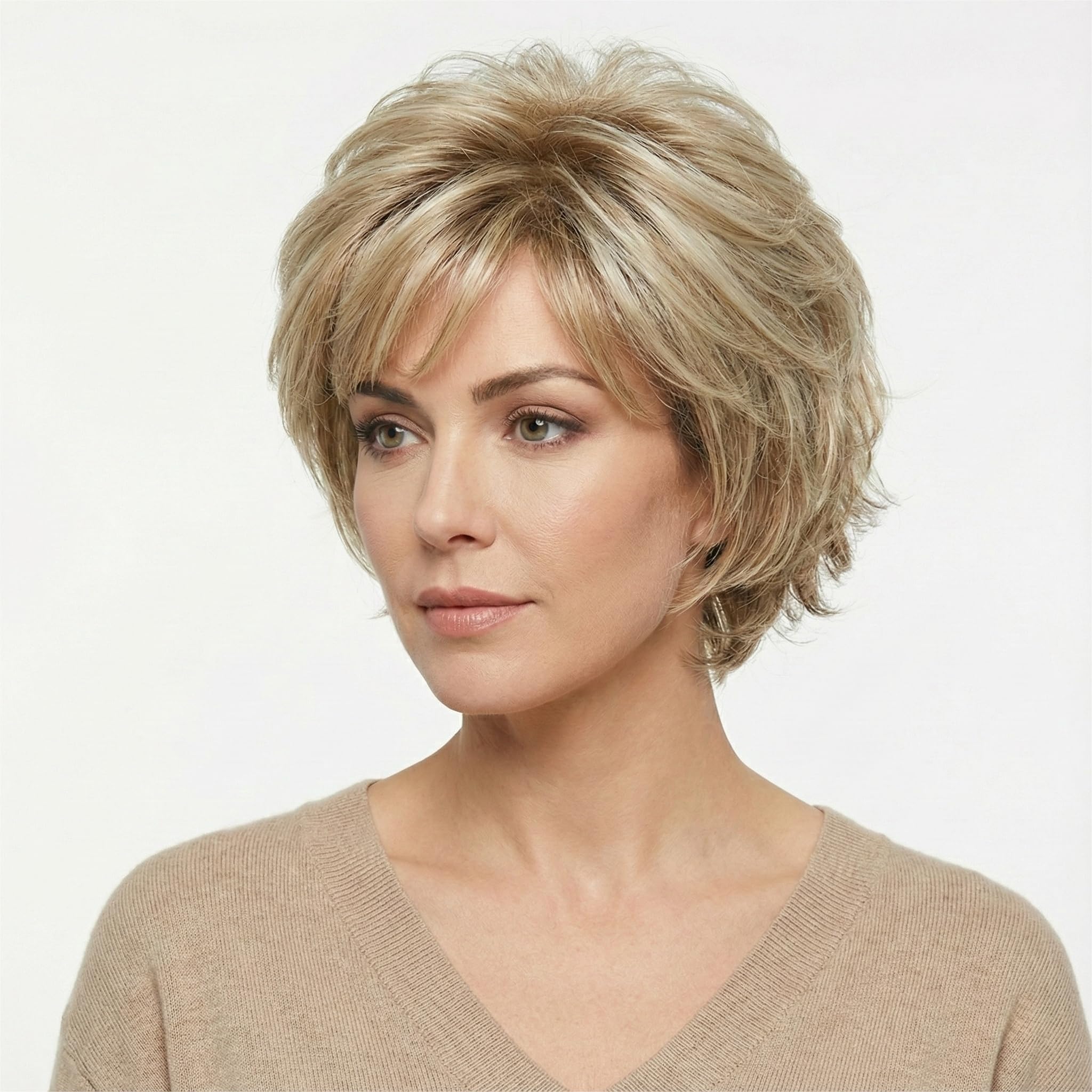 AIYLMZ Charming Brown Short Slight Wavy Real Synthetic Wig with Bangs Stylish Blonde Full Hair Wigs for Women Lady (Blonde)