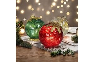 Glass Tabletop Christmas Ornaments, Globe LED Lamp Battery Operated, Red Gold Green Globe Sets, Pre-Lit with Soft White LEDs 