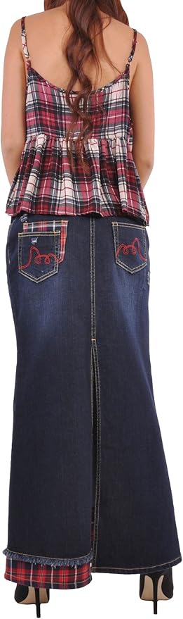 plaid and denim maxi skirt