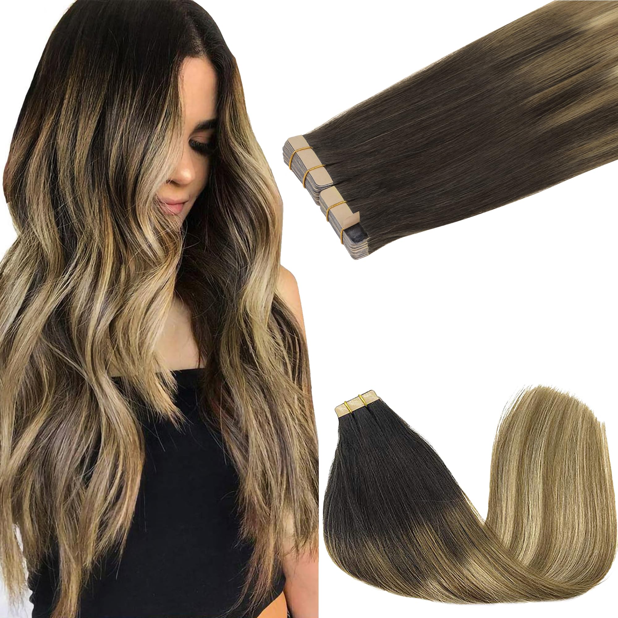 GOO GOO Tape in Hair Extensions Human Hair, 14inch 100g 40pcs, Real Remy Hair Extensions Seamless Straight Tape in, 2/6/18 Dark Brown Ombre — image 1