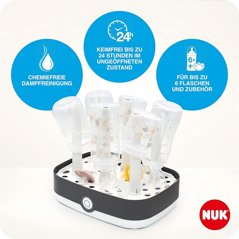 Vario Express Flaschensterilisator | sterilisiert bis zu 6 Babyflaschen plus Zubehör in 6 Minuten auf Wasserdampfbasis | automatische Abschaltung | herausnehmbarer Korb & versetzbare Stäbe