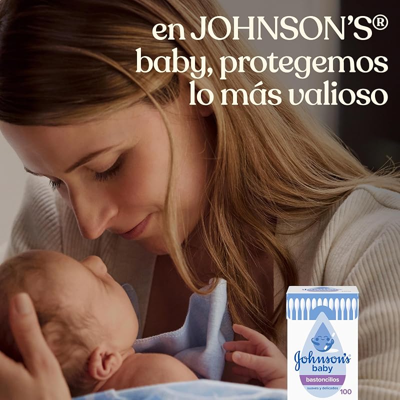 Cotonetes johnson's baby para bebês, crianças e adultos (1 caixa x 100), cotonetes com pontas de algodão 100% puro e palitos de papel 100%