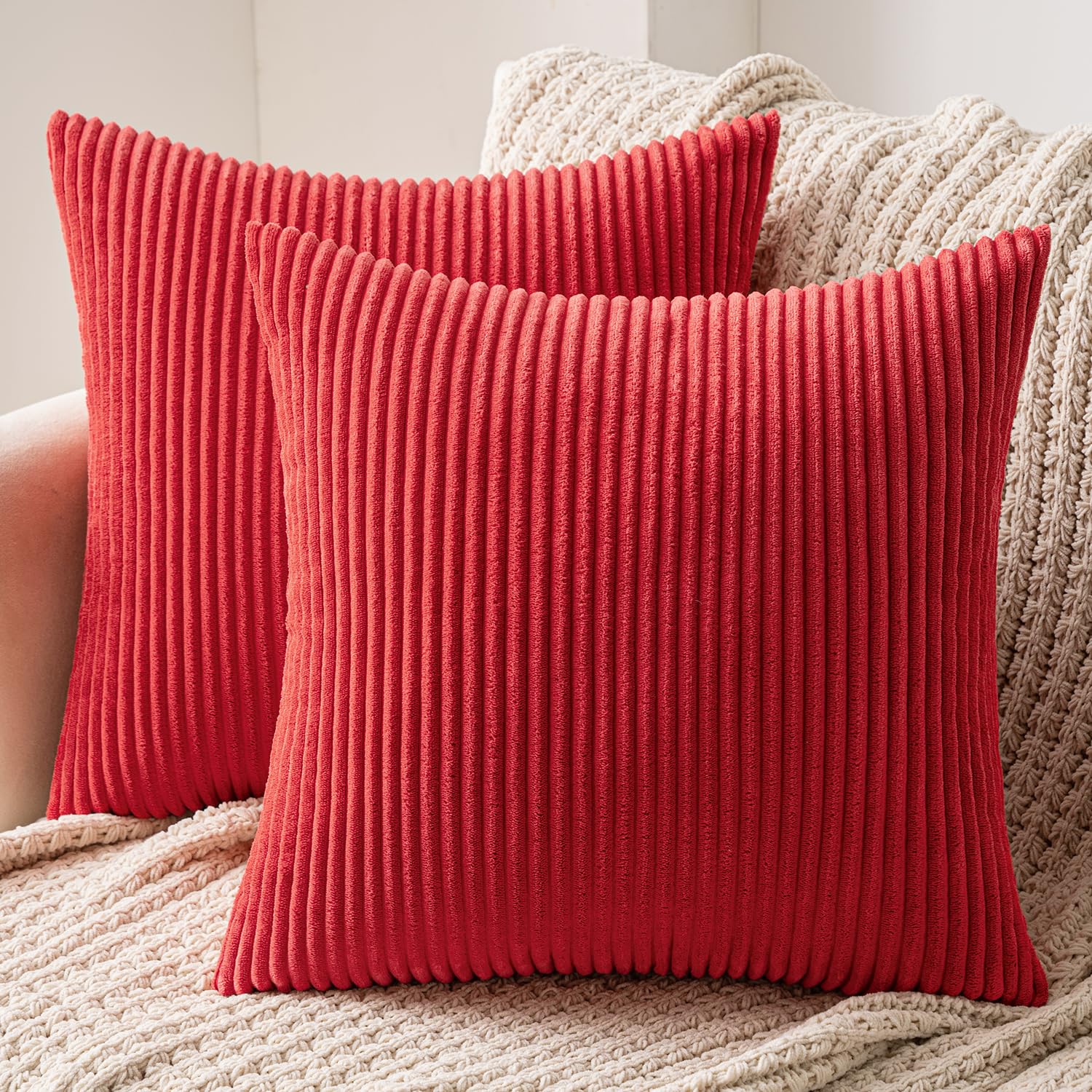 MIULEE Set of 2 Striped Corduroy Square Throw Pillow Case Soft Cushion Cover Sham Home for Sofa Chair Couch/Bedroom Decorative Fluffy Large Pillowcases 16x16 Inch 40x40cm Red — image 1