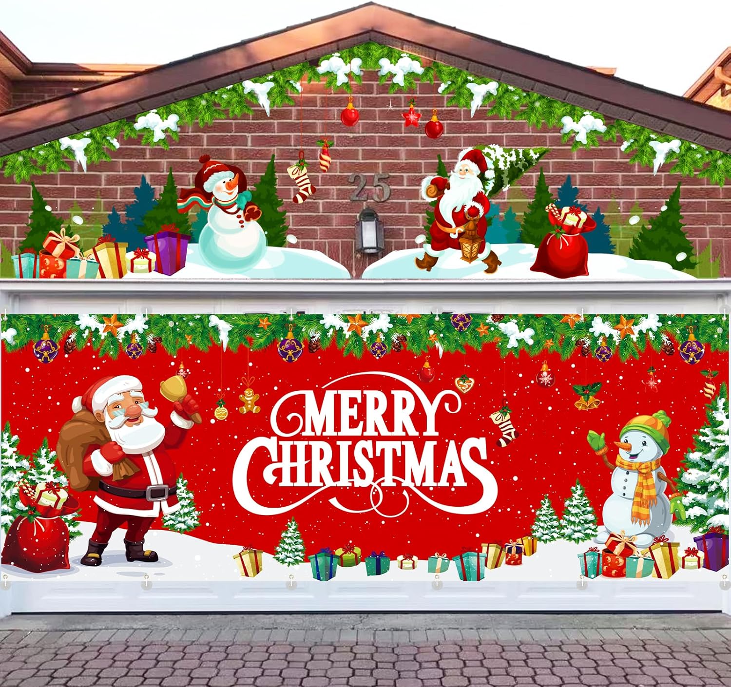 Garage Door Decorations - Arosche Extra Large Christmas Garage Door Cover 6 * 16Ft Christmas Garage Door Decorations Xmas Santa Claus Snowman Background Party Supplies for Garage Door Cover, Phoyography, Party Decor