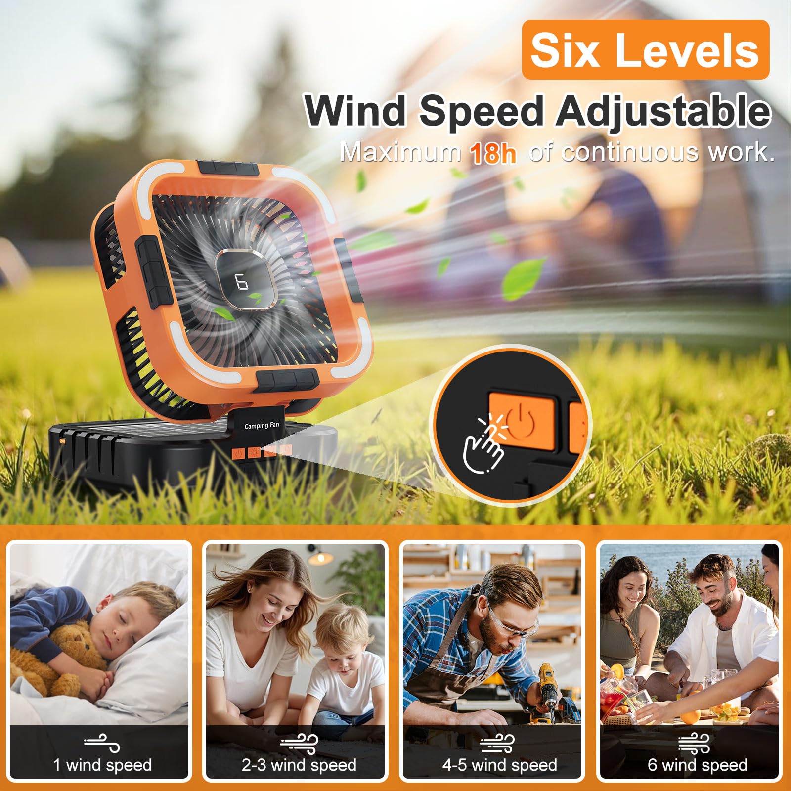 Portable Camping Fan with Solar Panel, 10000mAh Solar Powered fan, 6 Speed Levels, 120° Oscillation, 3 Light Modes, 6H Timer, Handle, Foldable Rechargeable Outdoor Fan for Tent, Hiking, Beach
