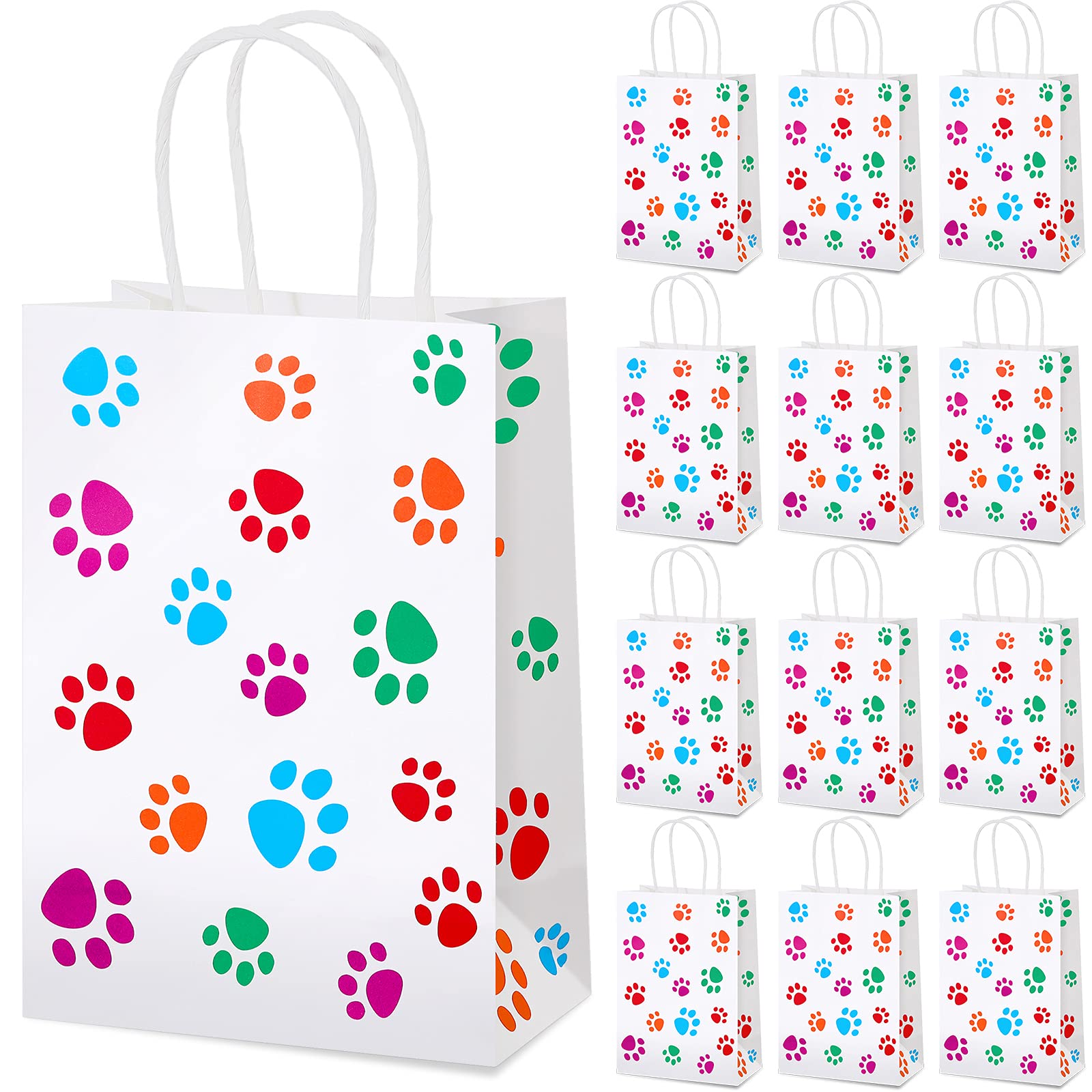 Clabby 24 Pcs Paper Gift Bags Dog Paw Gift Bags Paw Goodie Paper Bag with Handles Puppy Party Favors for Cat Pet Party Birthday Favors 5.9 x 3.1 x 8.3 Inch