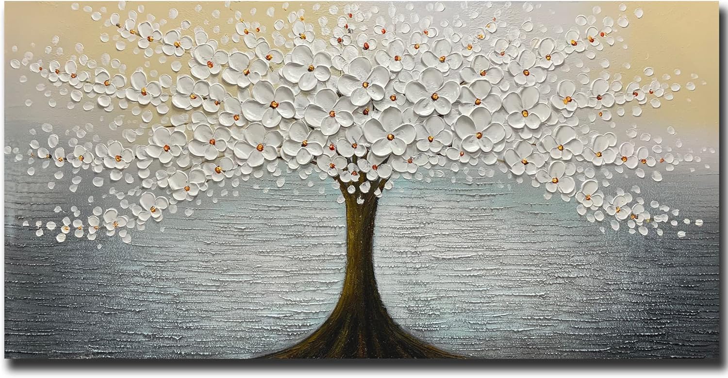 Paintings - MUWU Paintings 24x48 Inch White Flowers Paintings 3D Abstract Paintings Lucky Tree Oil Hand Painting On Canvas Wood Inside Framed Ready to Hang Wall Decoration for Living Room (White)