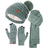 Hat Gloves Scarf Set For Women, Womens Winter Hats Fleece Lined Slouchy Beanie With Pom Scarf Thermal TouchScreen Gloves Sets