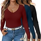 Sweetyweee 3 Pack Women's Plus Size Long Sleeve Thermal Shirts, V Neck Slim Fitted Fleece Underwear Basic Tees