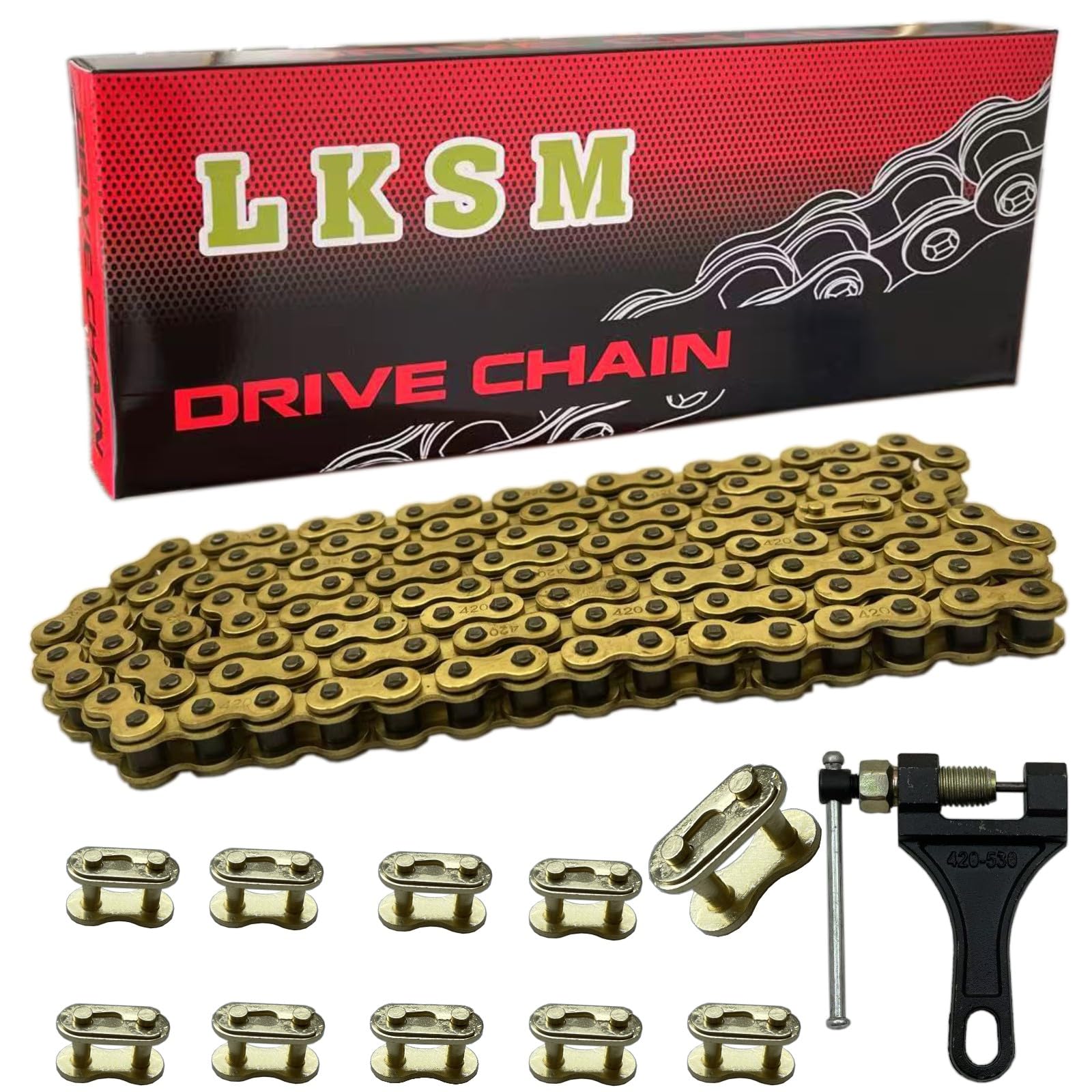 Photo 1 of (UNTESTED) Lksm  Motorcycle Gold Chain 132 Link Standard Roller Chain with Chain Breaker 10 Connecting Master Link for 100cc 110cc 125cc Dirt Pit Bike ATV Quad Go Kart Scooter