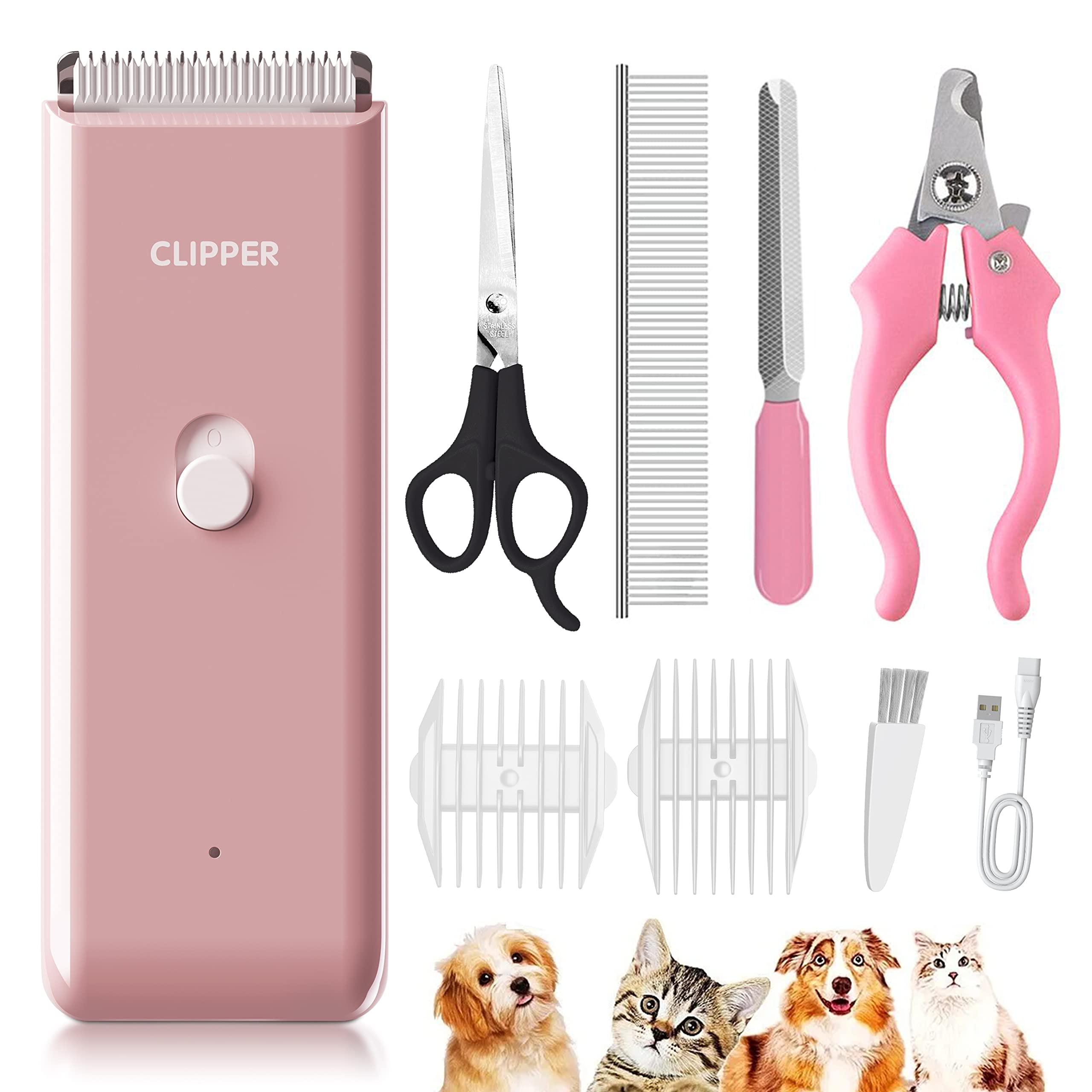 Favrison Dog Clippers, Professional Cat Grooming Kit for Matted Fur, Silent Cordless Cat Shaver, Rechargeable Dog Trimmers, Low Noise Pet Hair Clipper for Cats Dogs (Pink)
