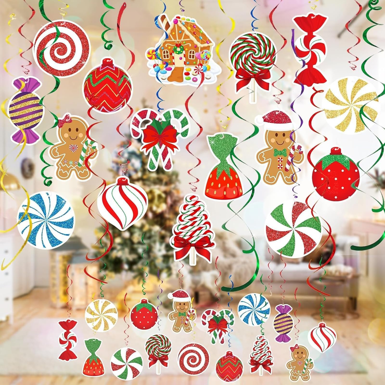 30Pcs Christmas ceiling decorations, Candy Cane Christmas Decorations Swirl Hanging Decorations Xmas Decorations Ceiling Hanging White Christmas Decorations for Christmas Holiday Party Supplies