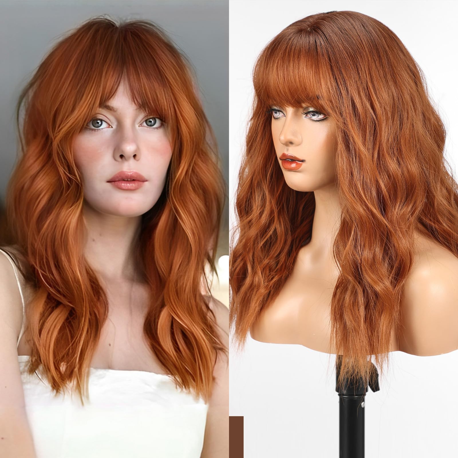 WOKESTAR Long Wig with Fringe Synthetic Wavy Wigs for Women Ginger Color — image 1