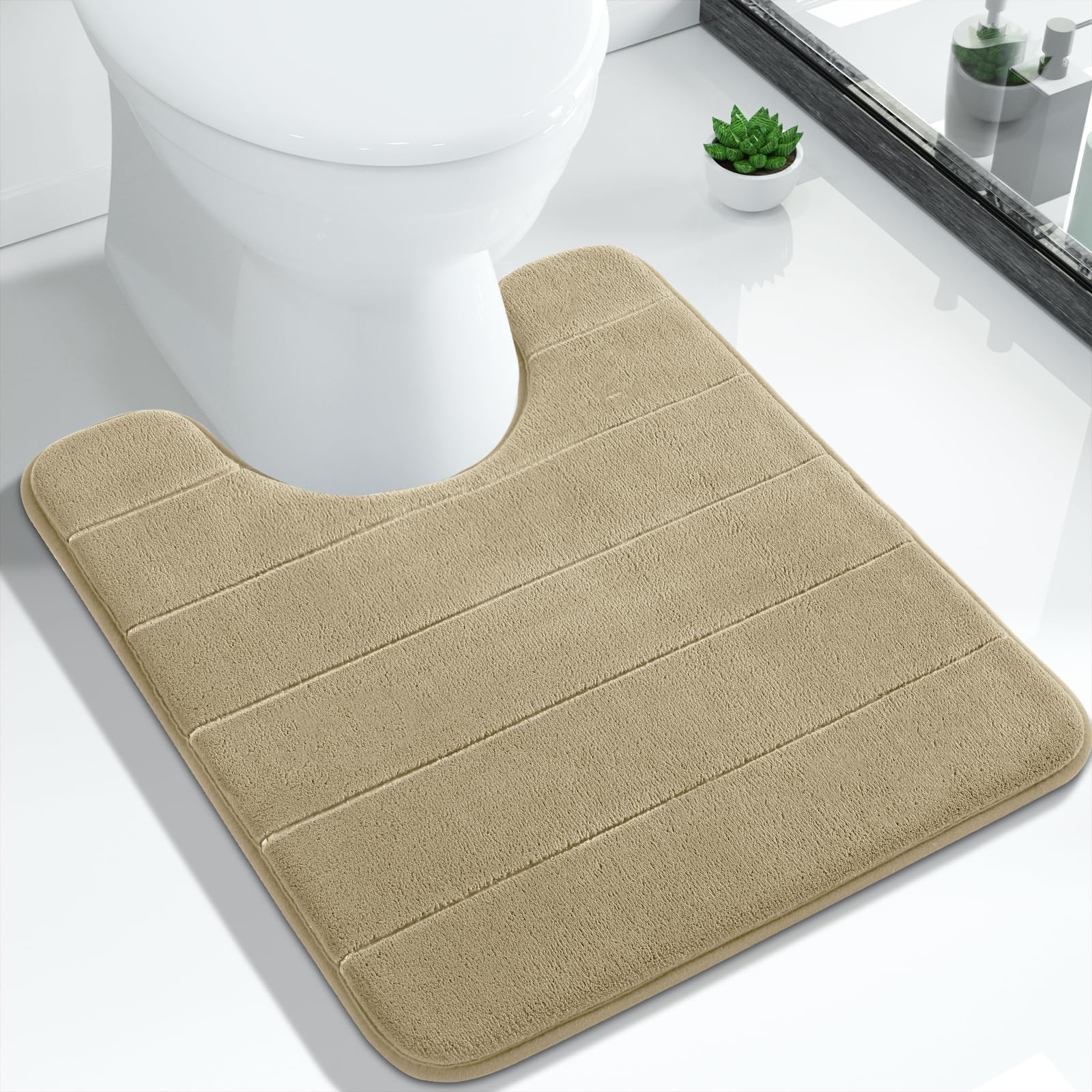 Yimobra Bath Toilet Mat 51 x 61 cm, Non-Slip Memory Foam U-Shaped Contour Rug, Soft Comfortable Bathroom Shower Mats, Super Water Absorption, Machine Wash, Easier to Dry for Bath Floor Rug, Camel