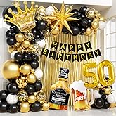50th Birthday Decorations for Men with Black Gold Confetti White Foil Balloons Happy Birthday Banner Fringe Curtains for 50 Year Old Decorations