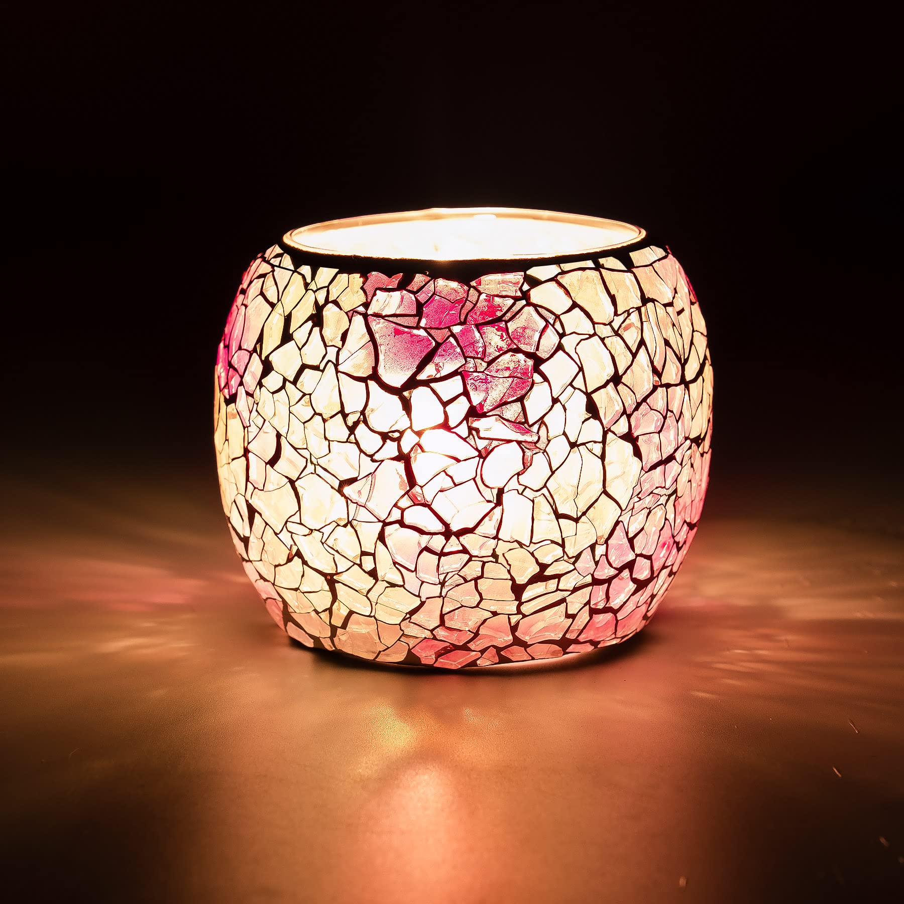 Larcenciel Mosaic Glass Candle Holder/Tea Light Holder/Vase/Pen Holder, Romantic Handmade Shattered Glass Tea Light Candle Shade/Potted Plants Bowl for Home Decoration Wedding Party (Pink)
