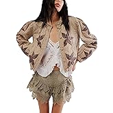 OPCAKM Women's Cropped Puffer Jacket Lightweight Flower Embroidery Quilted Outerwear Coats(Khaki-XS), X-Small