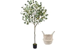Warmplants Artificial Eucalyptus Tree, 5ft Tall Fake Eucalyptus Plant with Basket, Green Silver Dollars Silk Leaves Faux Tree for Home Office Livingroom Floor Decor Indoor
