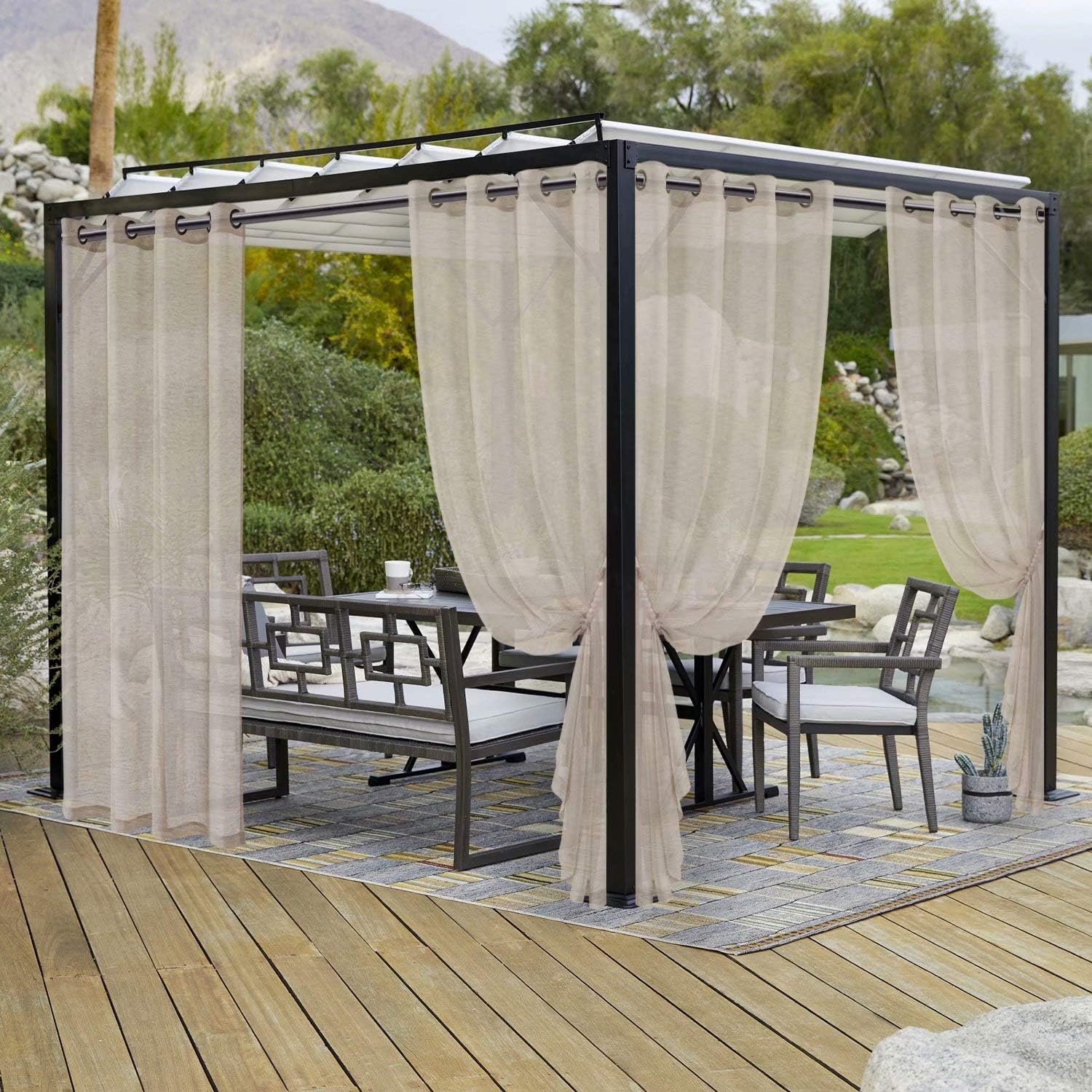 Outdoor Curtains - LORDTEX Burlap Linen Look Outdoor Curtains for Patio - 2 Panels Waterproof Sheer Curtains for Pergola, Porch, Cabana and Gazebo Grommet Indoor/Outdoor Voile Sheer Drapes (52 x 95 inch, Linen)