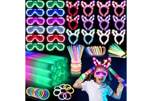 SHQDD 136PCS Glow in the Dark Party Supplies,Glow Sticks Glasses Favors, 12PCS Foam Glow Sticks, 12PCS LED Glasses, 12PCS Bunny Ear Headband and 100PCS Glow Sticks for Neon Party for Kids or Adults