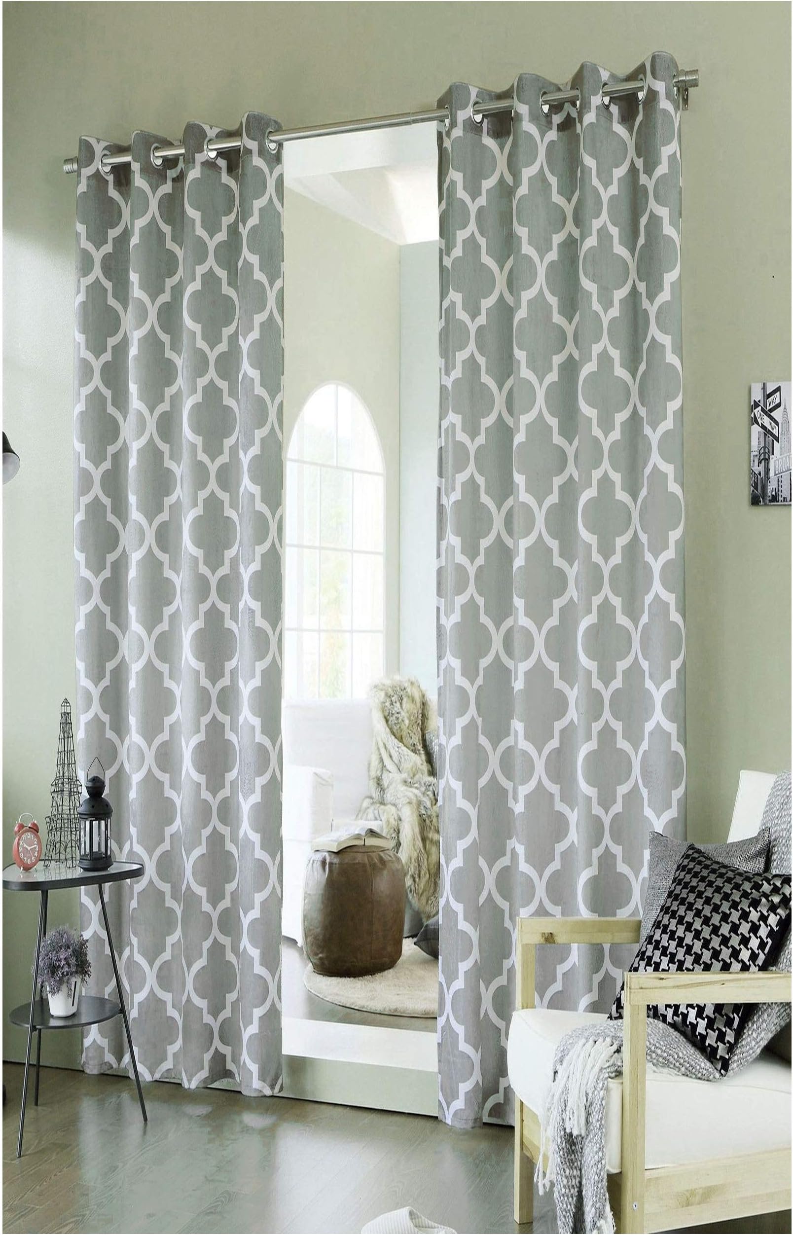 Pair Of Light GREY Morroccan Geometric Eyelet Ring BLACKOUT/DIMOUT Curtains 72" drop
