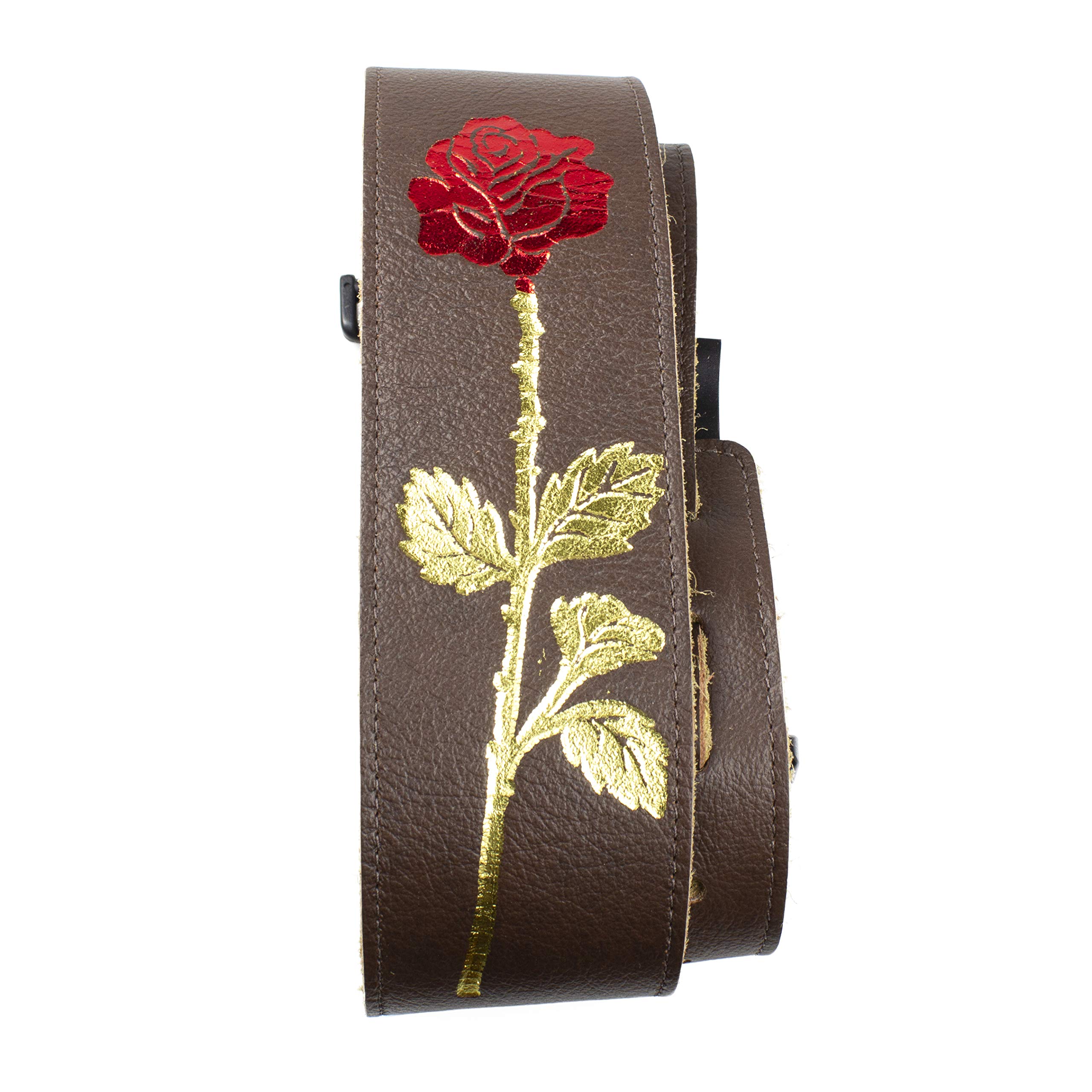 Perri’s Leathers Ltd. - Banjo Strap - Leather - Foil Embossed - Red Rose - Brown - Adjustable - Made in Canada (P25EBJBR-101)