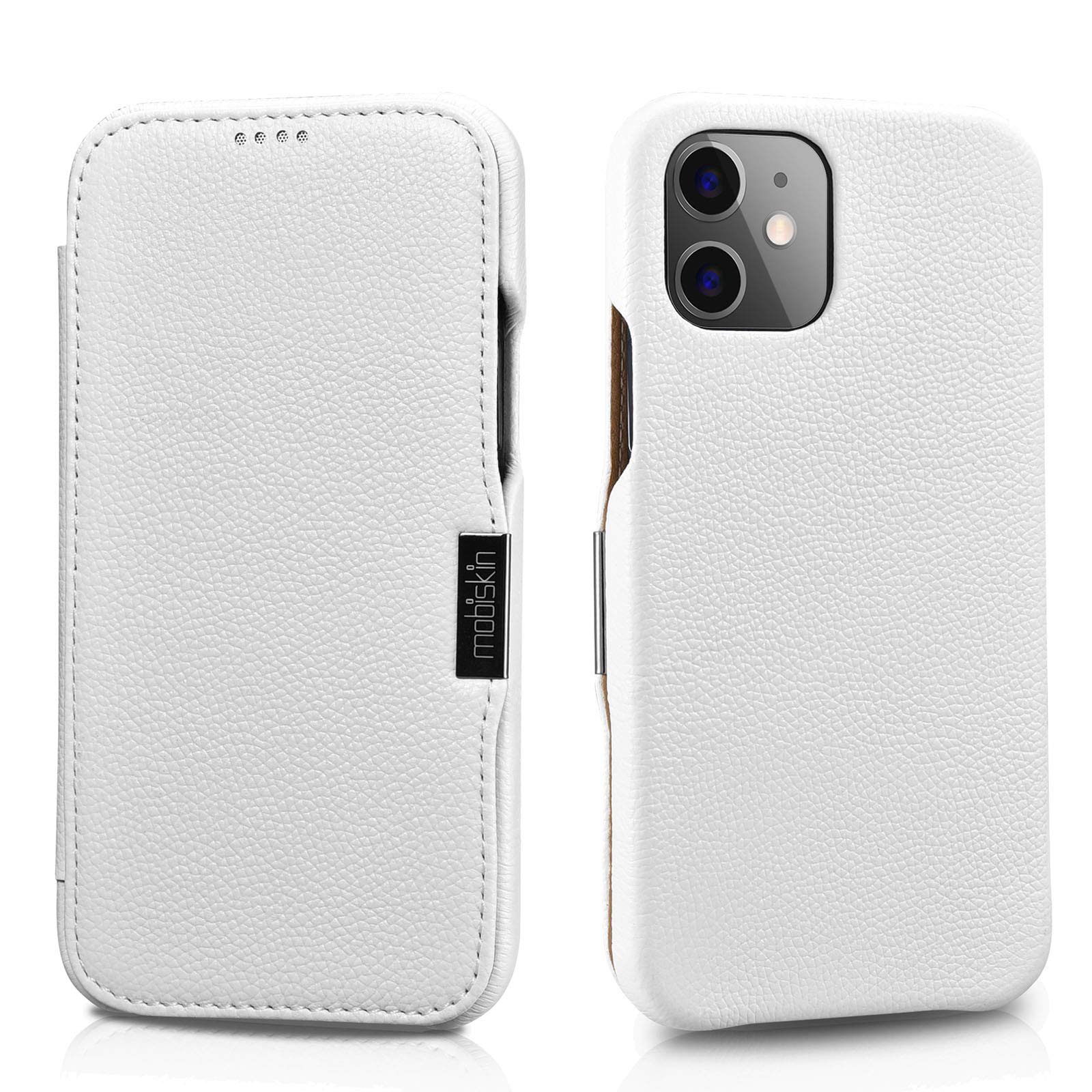 Mobiskin case compatible with Apple iPhone 12 MINI (5.4 inch), cover with genuine leather, book-style protective phone case, ultra-slim folio, thin wallet, white