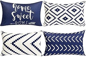 RYSMIYOU Decorative Throw Pillow Covers 12x20 Inch Blue Pillow Covers for Couch Sofa Living Room Bedroom car,Farmhouse Outdoor Throw Pillow Cover,Modern Geometric Linen Square Throw Pillow Case Set of 4