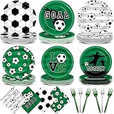 96PCS Soccer Party Supplies Soccer Ball Birthday Paper Plates and Napkins Tableware Sports Game Theme Cake Disposable Dinnerware Party Favor for Kids Boy Men Baby Shower Decorations Serve 24 Guests