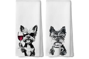 Mcehtle Funny Yorkshire Terrier Kitchen Towels Set of 2, Funny Kitchen Coffee Station Wine Bar Decor, Black and White Dog Owner Hand Towel, Dog Lover Dining Room Decorative Tea Towels 16x24 Inch