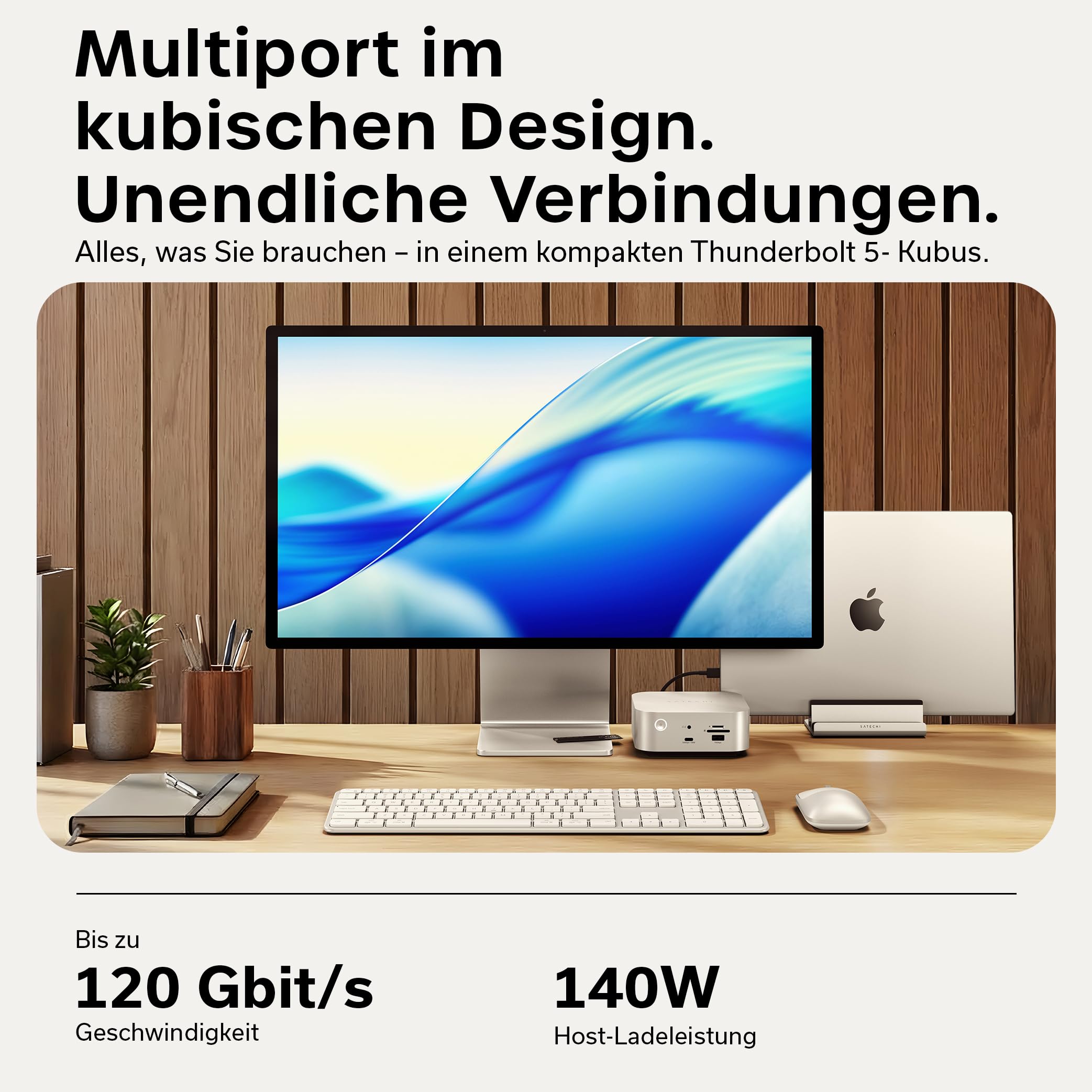 SATECHI Thunderbolt-5 CubeDock™ Dockingstation, 80-120 Gbit/s (USB4 komp.), integriertes NVMe SSD Gehäuse, 140W Laden, Multi-Display bis 8K, USB-C & USB-A 10 Gbit/s, aktive Kühlung, Silber 2