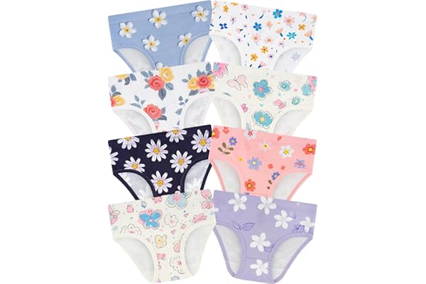 Girls Underwear, Soft Cotton Tagless Breathable Panties, 8-Pack, 18M-12Y | Combed Cotton,Breathable,True-to-Size,Tagless,Full Coverage,Assorted Prints,Stretchy Fabric,Durable Stitching,Low Shrinkage