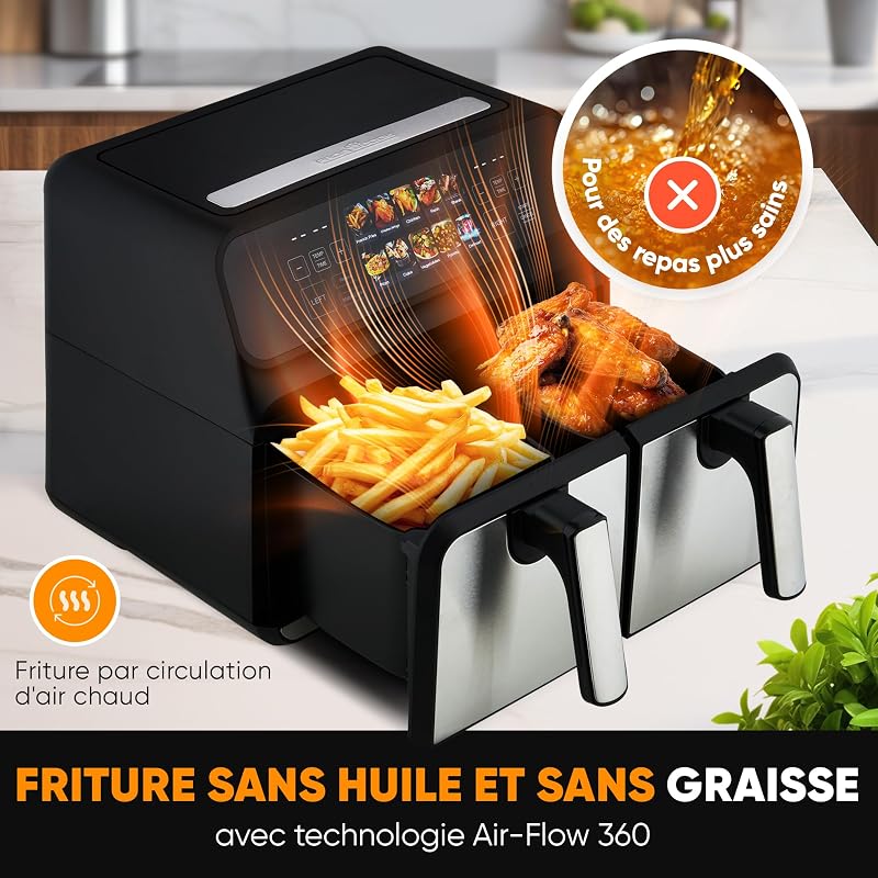 ProfiCook® Friteuse à air chaud | 2 compartiments | 8 litres (2x4 L) | Double compartiment | pas d'huile ni de graisse | Air Fryer | Écran couleur | Double friteuse à air chaud 2200W | PC FR 1287 H