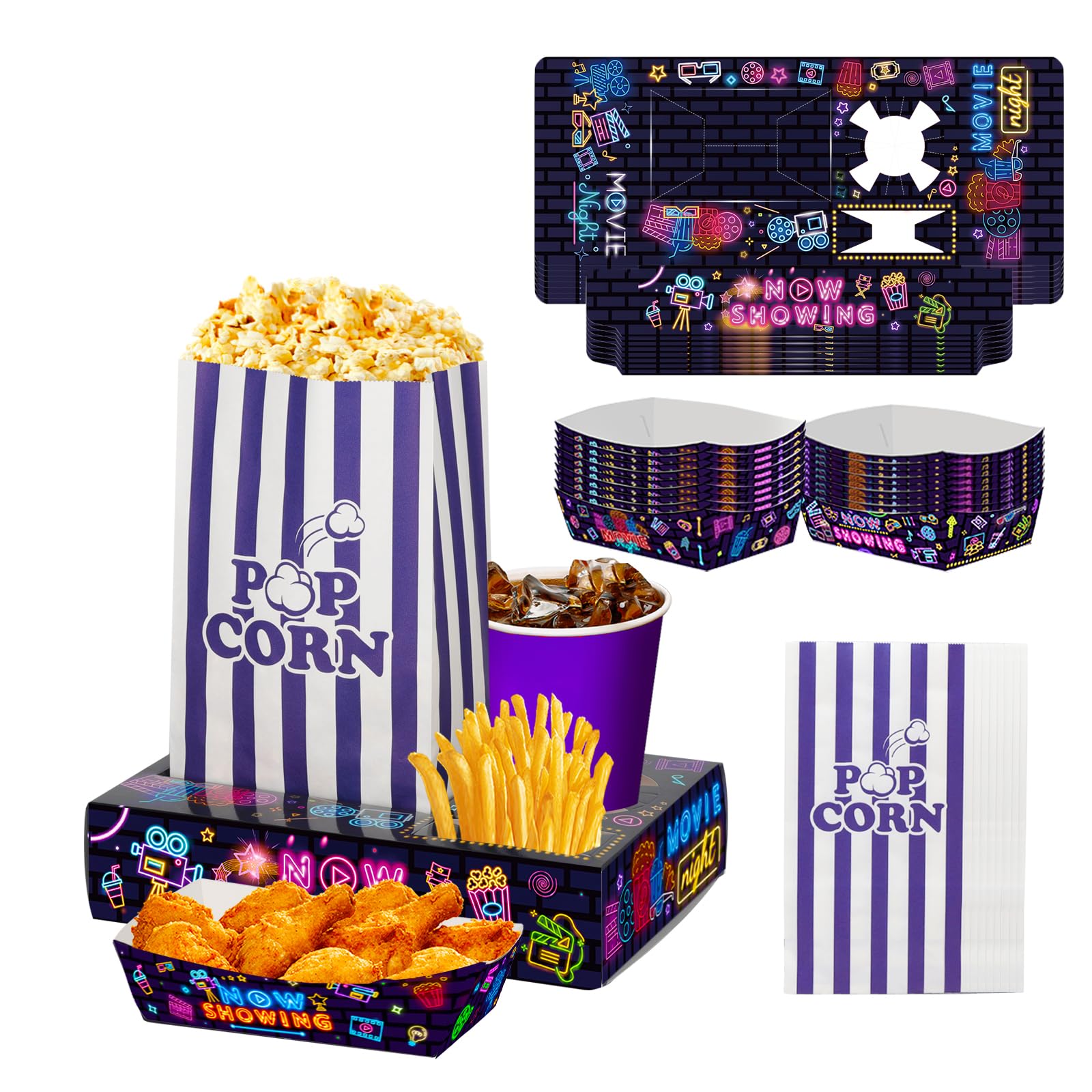 Photo 1 of RIKICACA 60Pcs Movie Night Supplies 30Pcs Neon Movie Night Snack Trays with 15Pcs Popcorn Bags and 15Pcs Paper Food Trays, Outdoor Theater Snack Boxes for Birthday Party Decorations Neon Glow Party