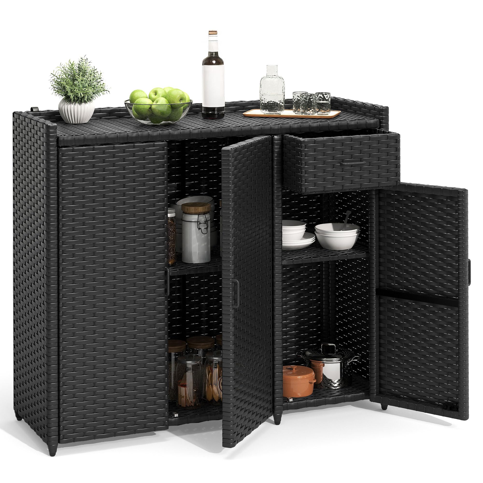 Photo 1 of **MISSING PARTS**YITAHOME Outdoor Storage Cabinet, Weather-proof Rattan Bar Table with Two Doors, Adjustable Shelves & Foldable Drawer, Wicker Patio Storage Box for Outdoor Cushions, Pool Tool and Garden Tools - Black