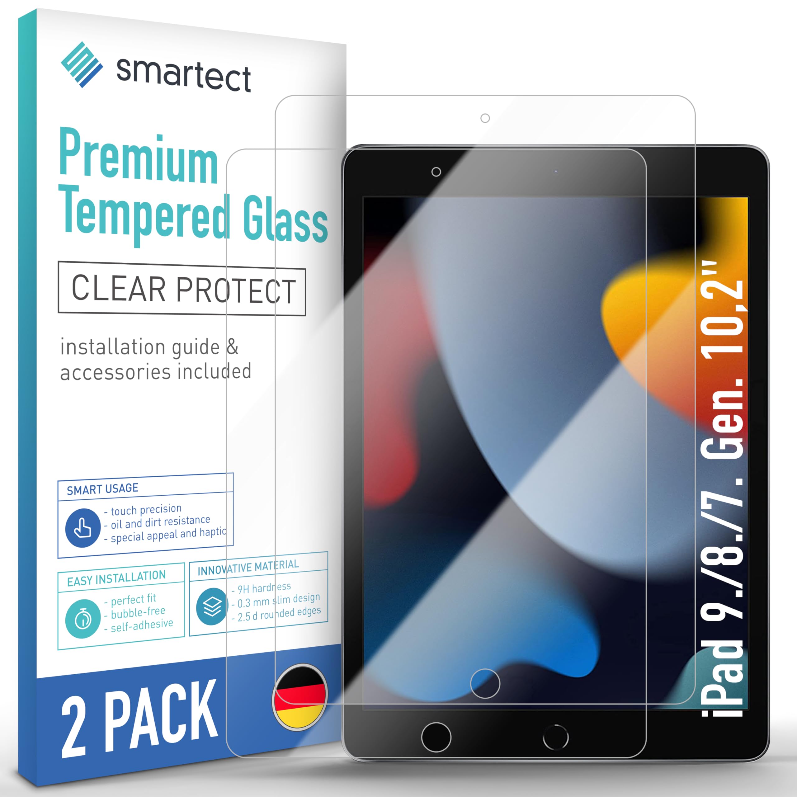 smartect Glass Screen Protector [2 Pieces, Ultra-Clear] for Apple iPad 9./8./7. Gen. 10,2"(2021/2020/2019), HD Protective Film Anti Scratch, Bubble Free, 9H Hardness, Ultra Resistant
