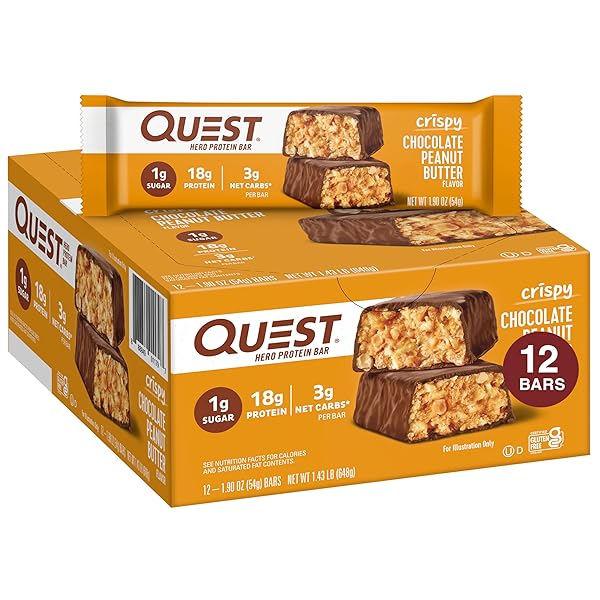 QUEST NUTRITION CRISPY CHOCOLATE PEANUT BUTTER HERO PROTEIN BAR, 18G PROTEIN, 1G SUGAR, 3G NET CARB, GLUTEN FREE PROTEIN SNACK, KETO FRIENDLY, 12 COUNT