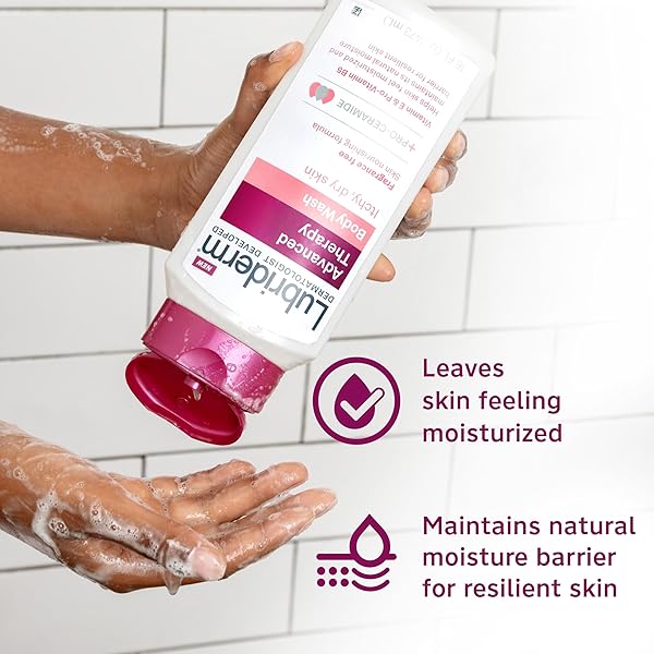 LUBRIDERM ADVANCED THERAPY BODY WASH, UNSCENTED NOURISHING CLEANSER WITH PRO-CERAMIDE, VITAMIN E & PRO-VITAMIN B5 GENTLY CLEANSES ITCHY, DRY SKIN, FRAGRANCE FREE, HYPOALLERGENIC, 16 FL. OZ