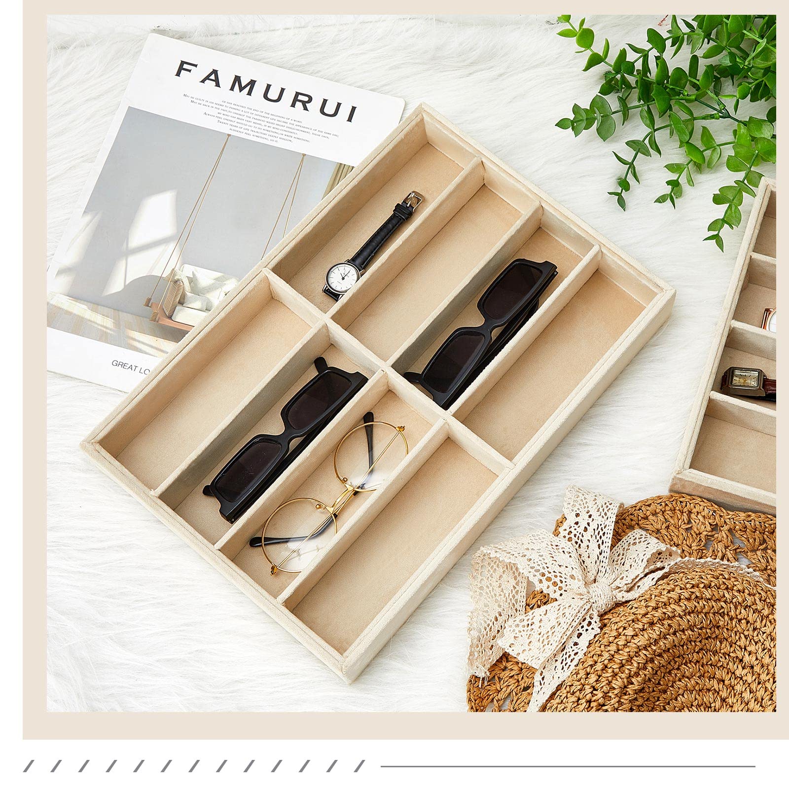 Amylove 2 Pcs Sunglass Organizer Trays Glasses Stackable Jewelry Trays Sunglass Organizer Display Box(8 Grids,Beige)