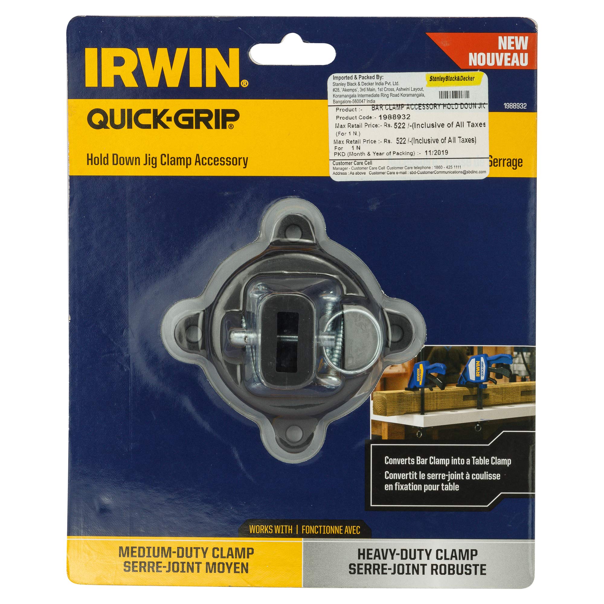 IRWIN 1988932 Quick-Grip Hold Down Jig One-Handed Bar Clamp Accessory - Black/Blue