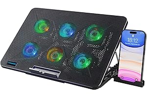 LIANGSTAR Laptop Cooling Pad, Laptop Cooler with 6 Quiet Fans 7 Color Light for 12-17 Inch Notebook Gaming Fan Stable Stand, 7 Height & Wind Speed Adjustable, 2 USB Port & Phone Holder