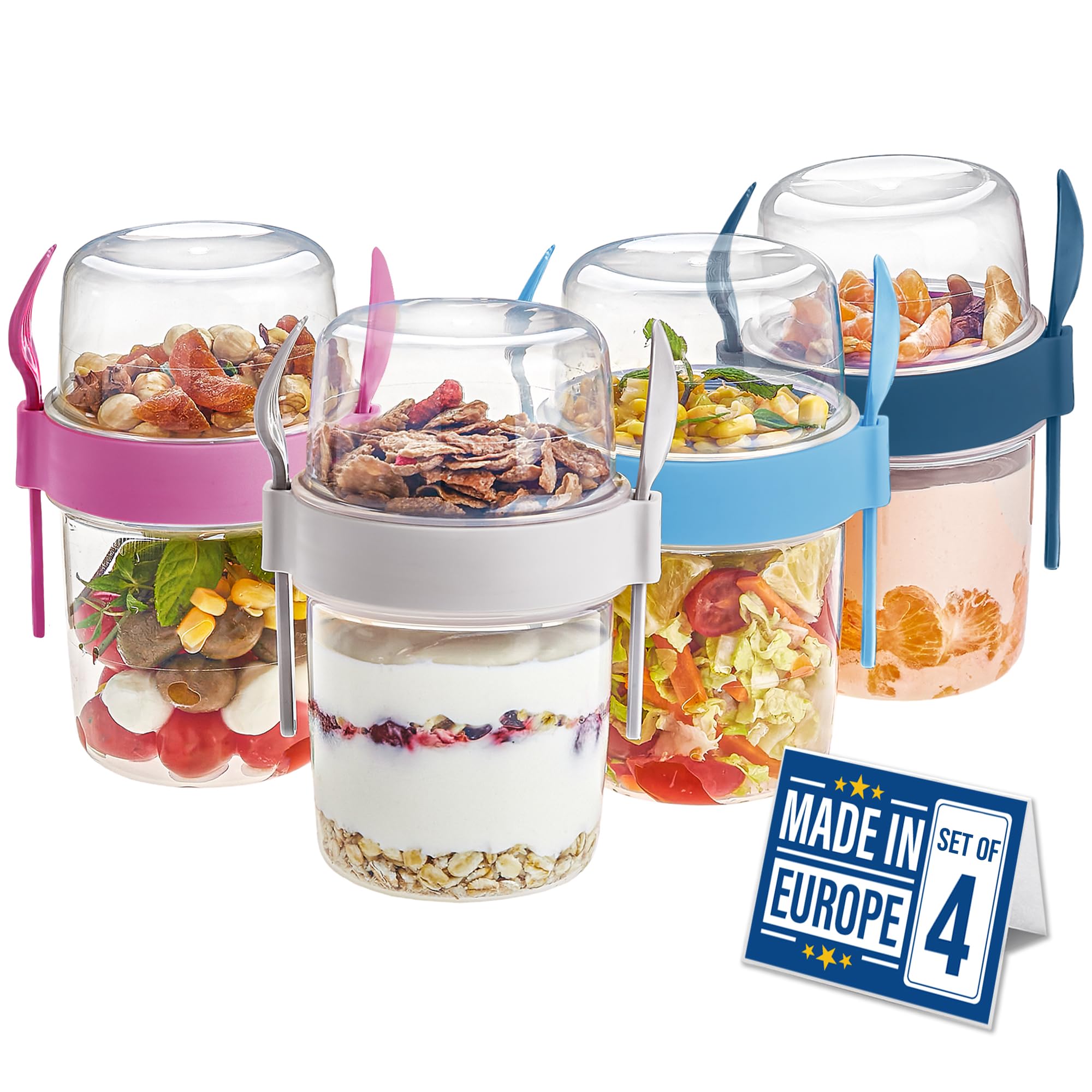 CRYSTALIA Take and Go Yoghurt Pot Set 4 BPA Free Yogurt Pot with Spoon & Fork, Overnight Oats, Dishwasher Safe, Breakfast to Go Muesli To Go Fruit Salad Cups With Lids Breakfast Jar Porridge Container