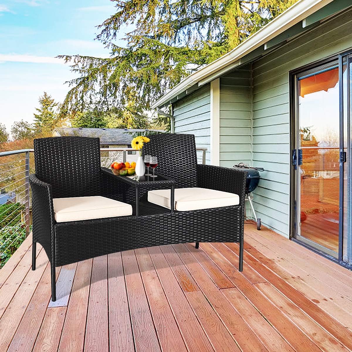 Tangkula Wicker Patio Conversation Furniture Set, Outdoor Furniture Set with Removable Cushions & Table, Tempered Glass Top, Modern Rattan Sofas Set for Garden Lawn Backyard (Black): Garden & Outdoor