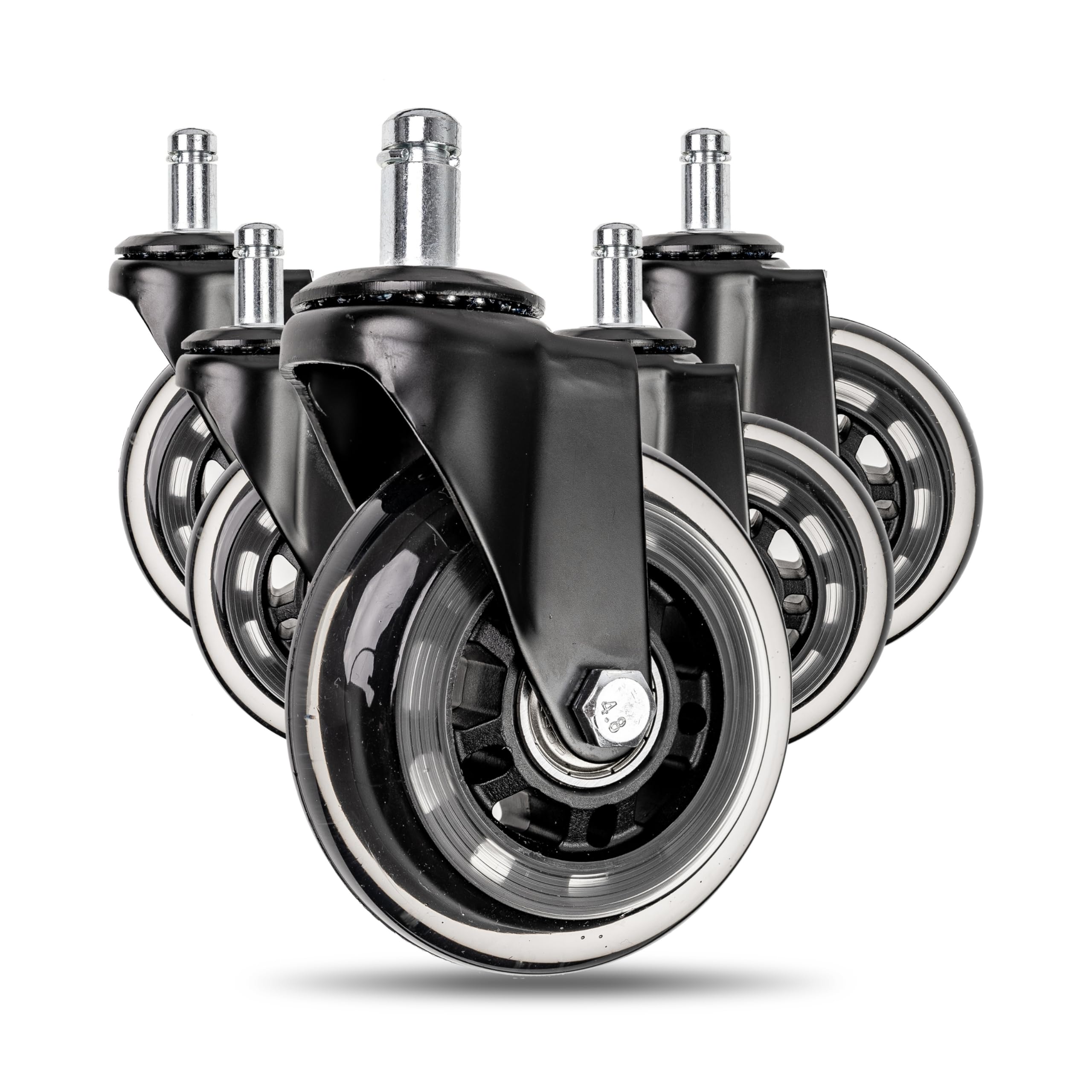 Office chair castor set, 5 pieces, pin size Ø 11 x 22 mm, Ø 76 mm castors, with safety screw and nut, 360° quiet hard floor castors, chair castors for hard and carpeted floors