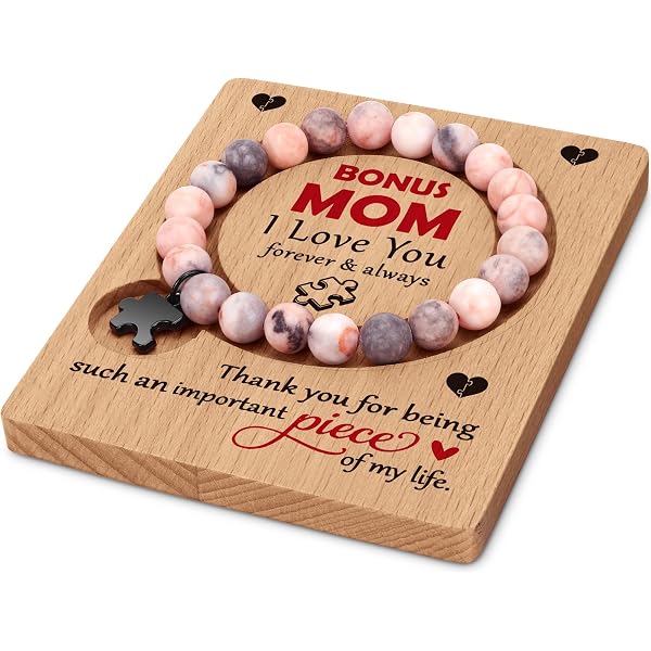 PARTNER Bracciale Con Perline In Pietra Amazzonite Per Matrigna E Figliastro, Regalo 'Mamma Bonus', Con Messaggio, Elastico E Regolabile