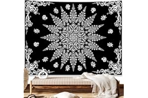 KJHL Floral Bohemian Tapestry Black and White Flower Aesthetic Tapestry Mandala Room Decor Wall Hanging Boho Tapestries for Bedroom Dorm(Black, 44” x 60”)
